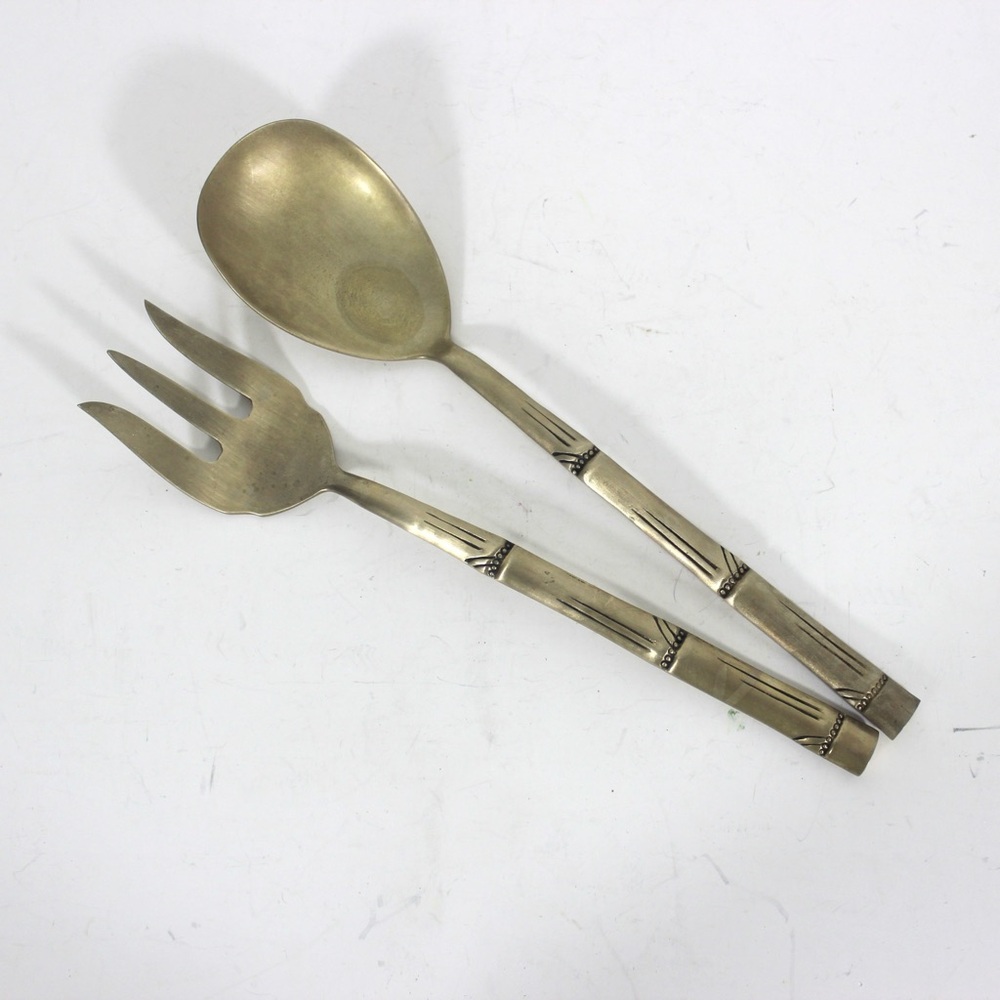 Vintage Brass Faux Bamboo Serving Spoon and Fork Salad Servers